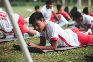 Anak muda berlatih olahraga tim, menunjukkan disiplin dan fokus